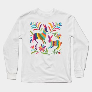 Mexican Otomí Floral Composition with animals by Akbaly Long Sleeve T-Shirt